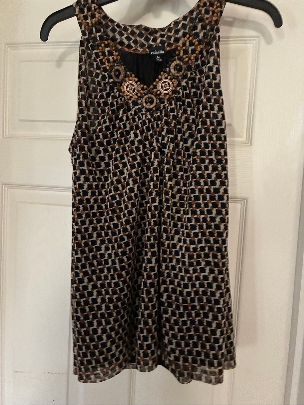 Rafaella Brown Black Cream Printed Sleeveless Tunic with Embellished Neckline
